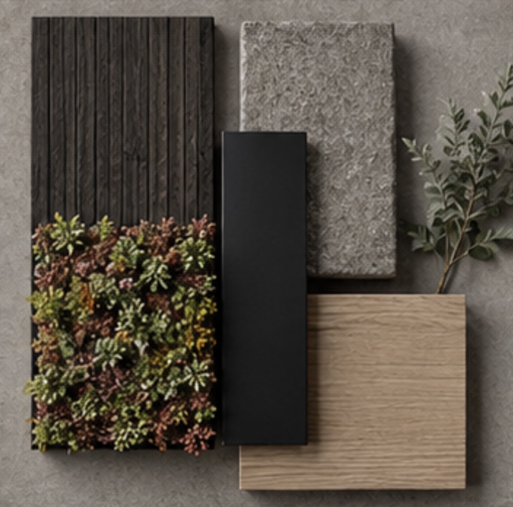 Materialebillede med sedum, mørkt træ, sten, sort stål og eg